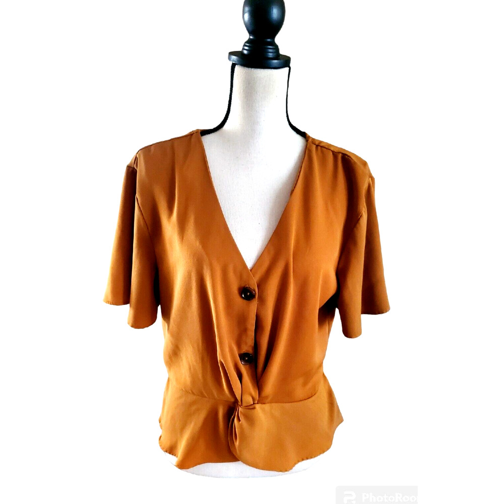 OLM Gold Brown V-Neck Flutter Sleeve Twist Front Peplum Top Sz L